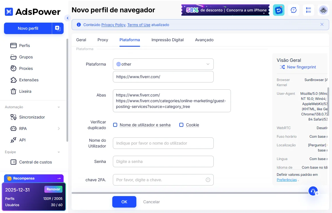 Criar perfil para contas Fiverr