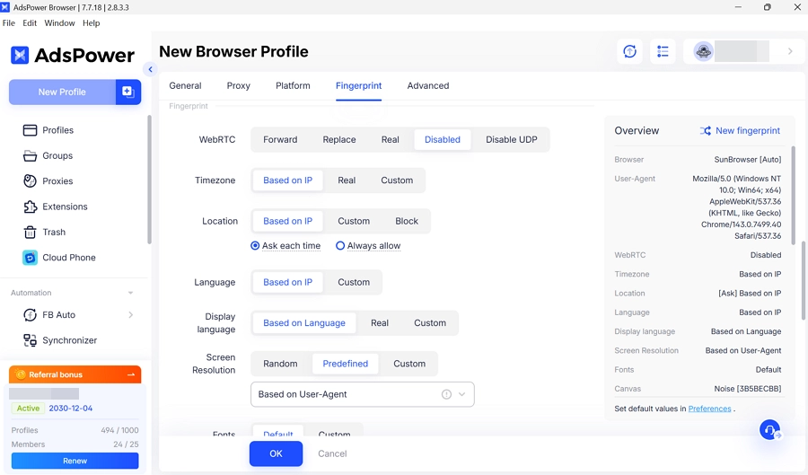 AdsPower fingerprint