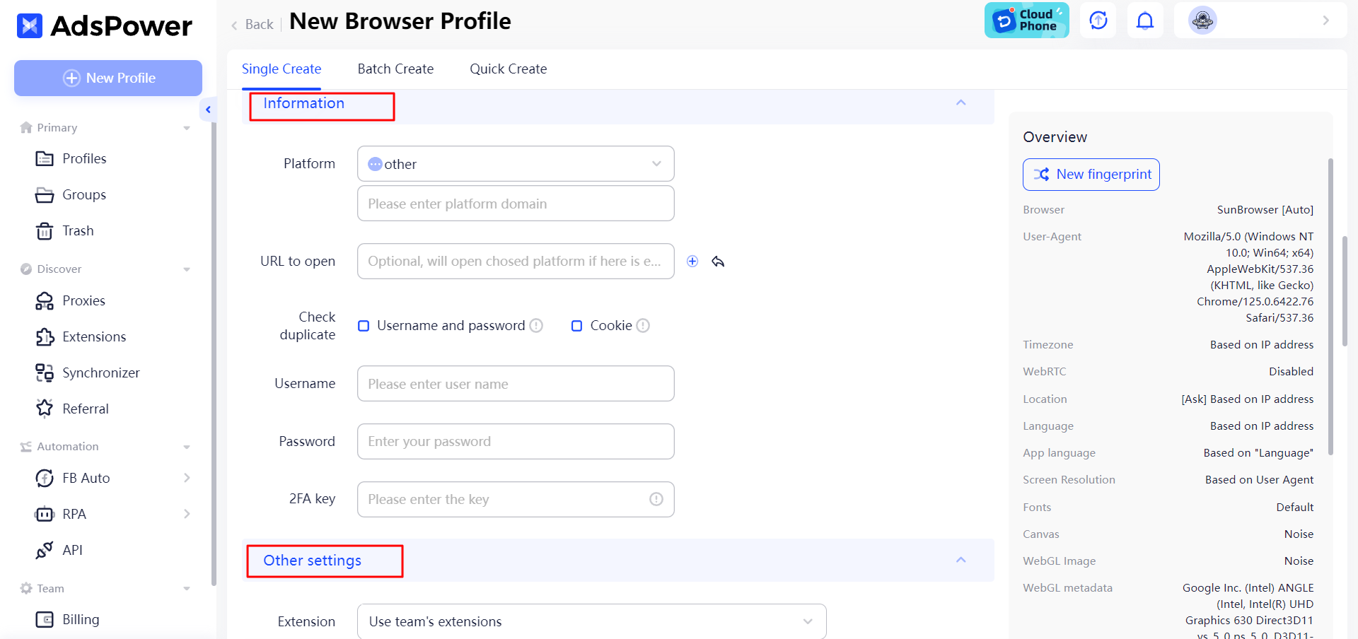 Image showing profile setting in new profile creation