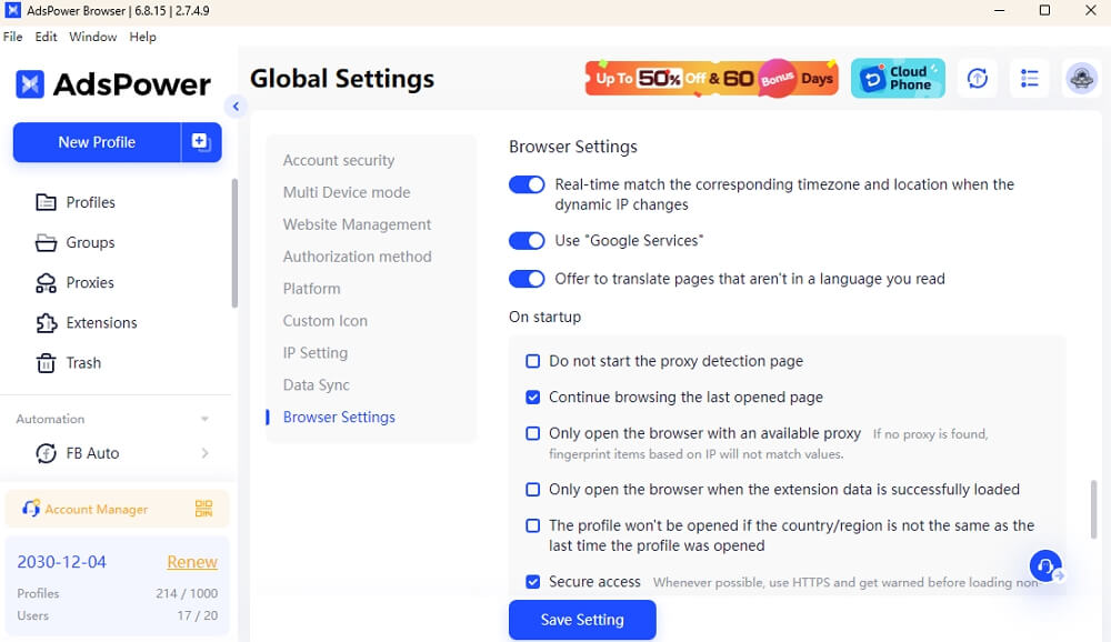 Global Settings of Account Security