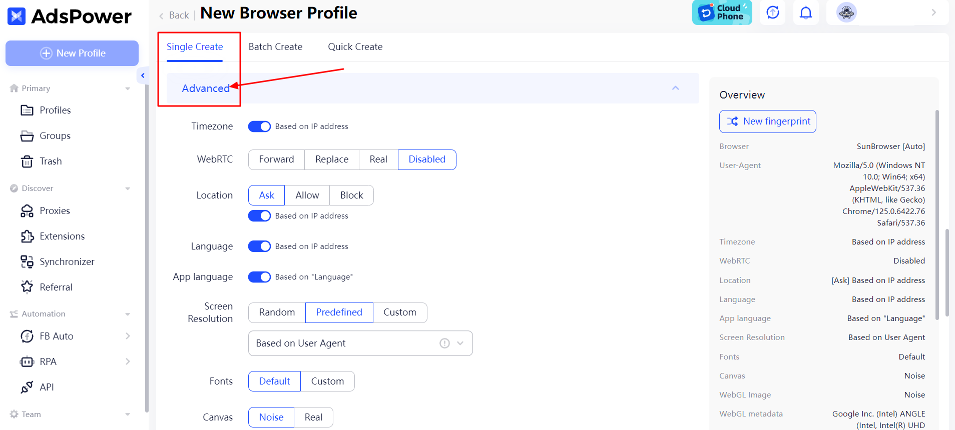 Image showing AdsPower's Advanced fingerprint settings