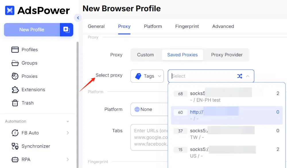 select purchased proxy IP in AdsPower