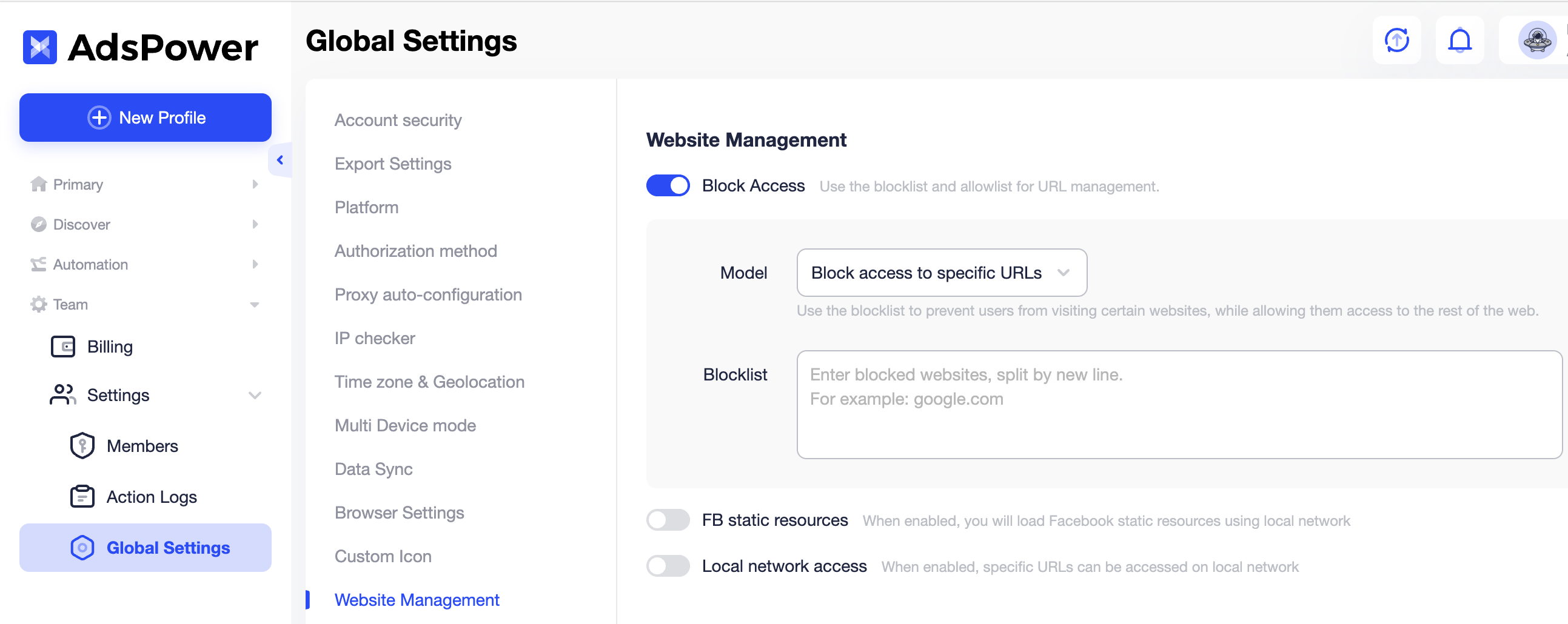 Image showing Website Management setting from Local Settings in AdsPower