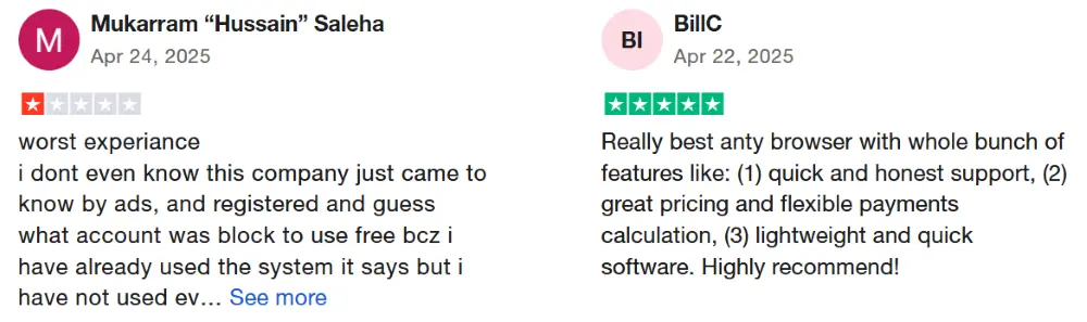 User reviews on Trustpilot about Dolphin Anty