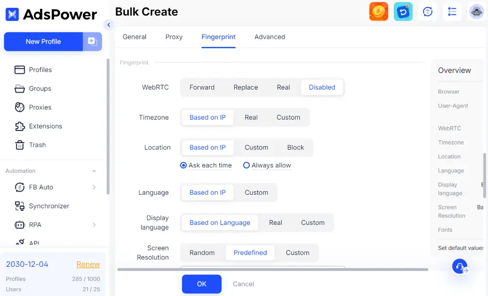 AdsPower generates fingerprints automatically 