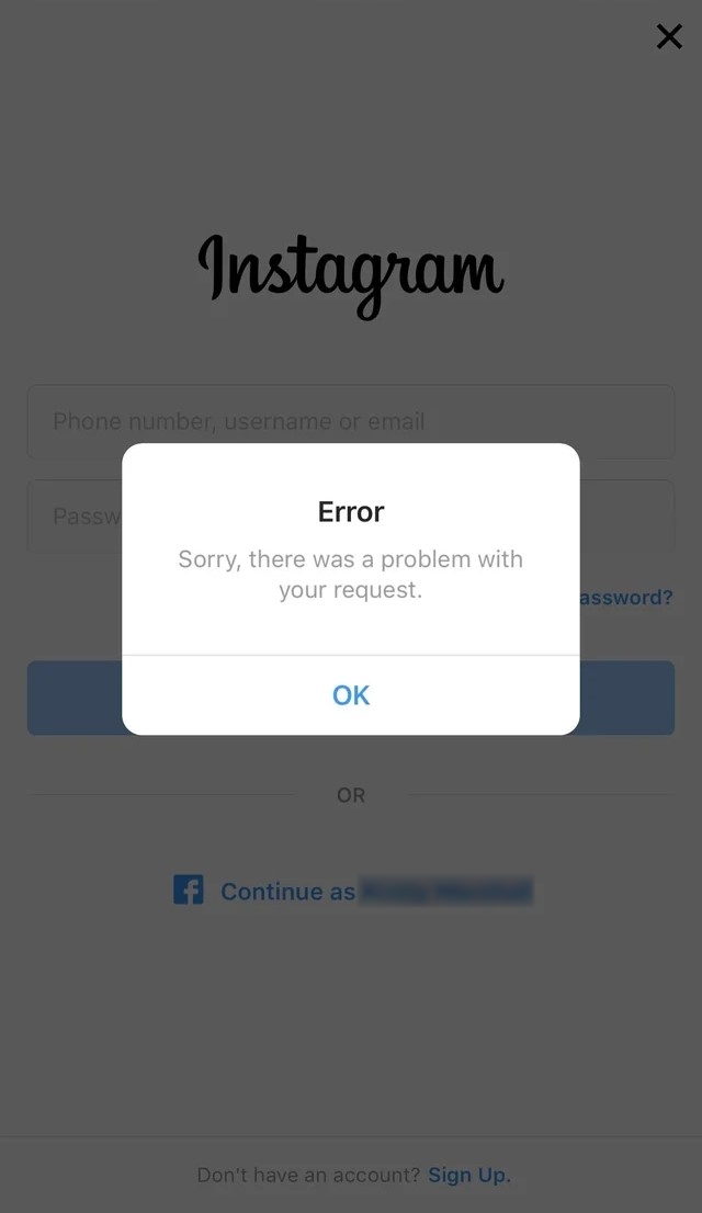 Неудачная попытка входа в аккаунт Instagram