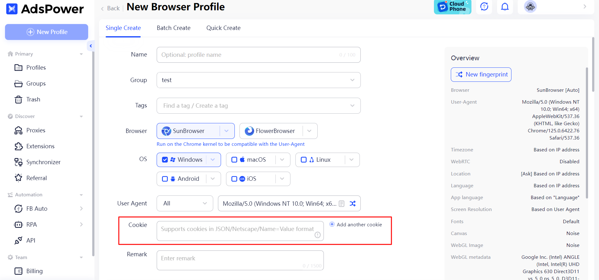 Image showing Cookie field when creating new profiles in AdsPower