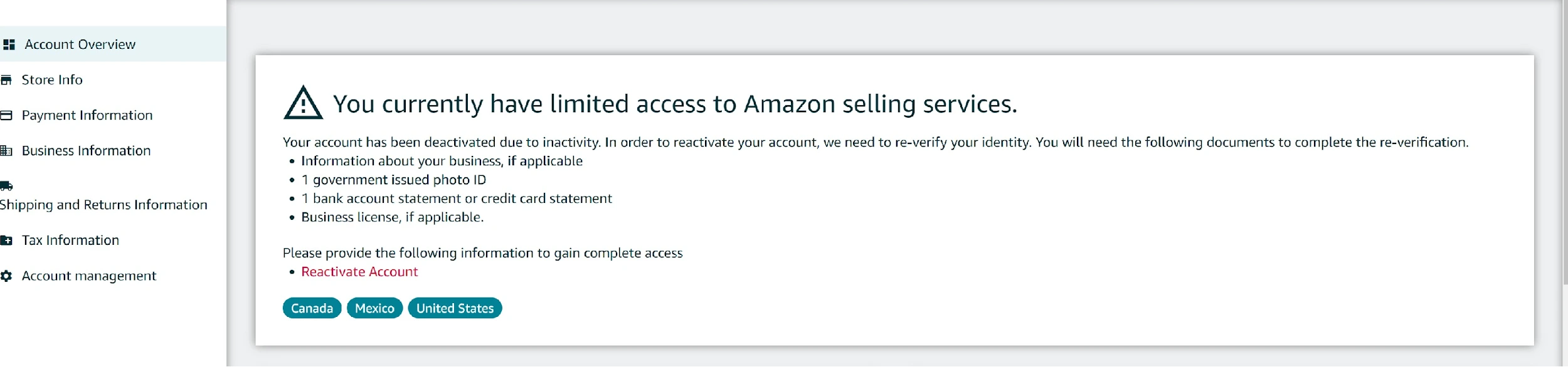 You currently have limited access to Amazon selling services
