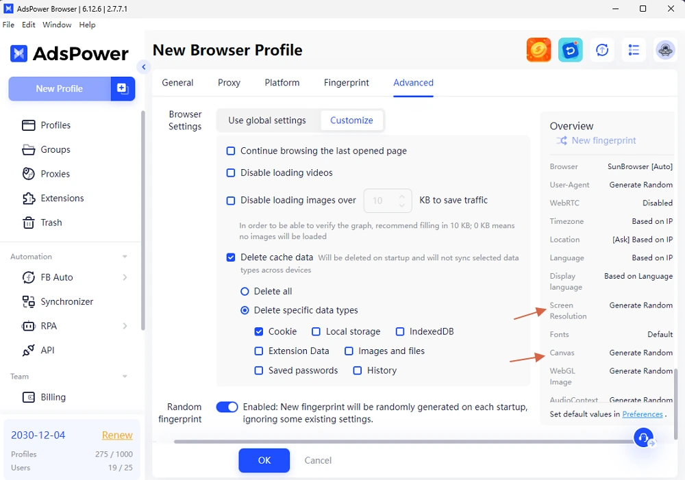 Enable Random Fingerprint on Startup