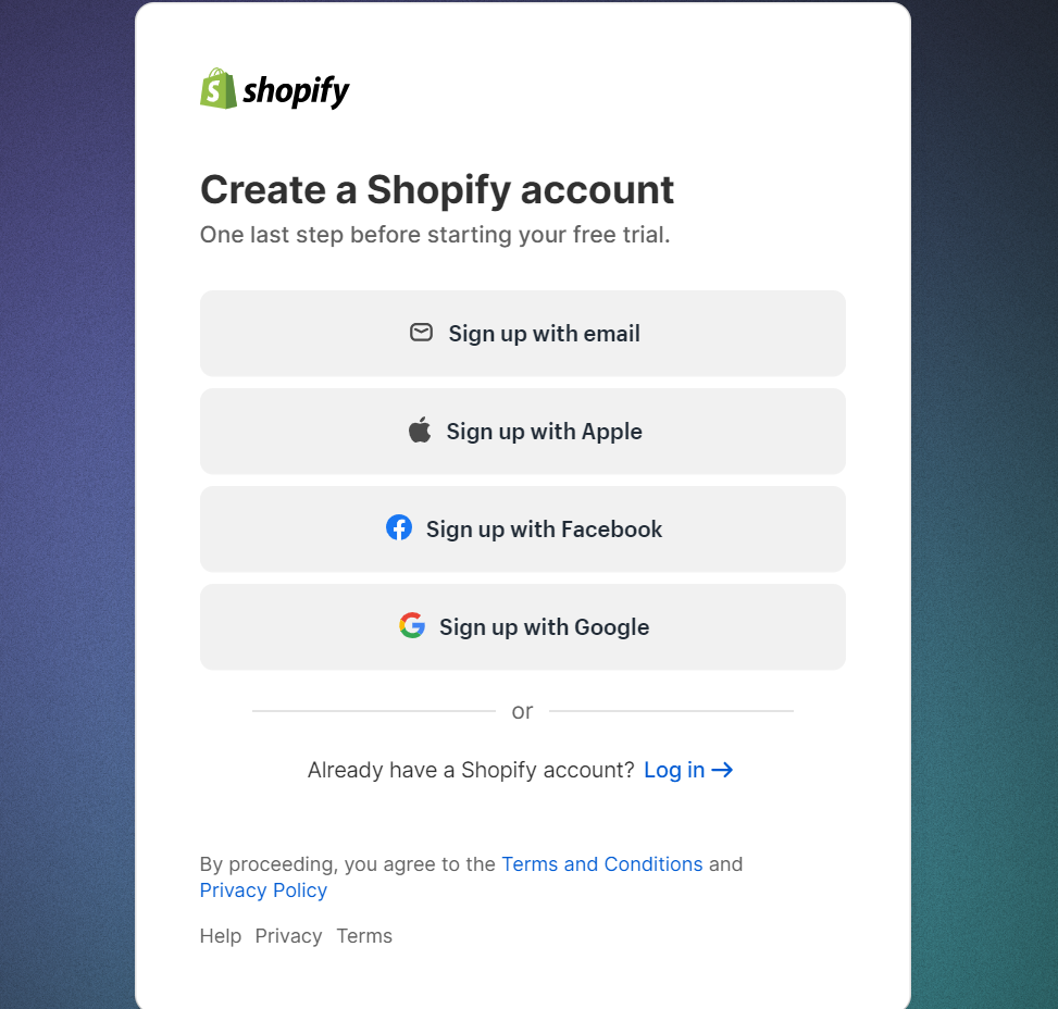 Shopify注冊頁麵