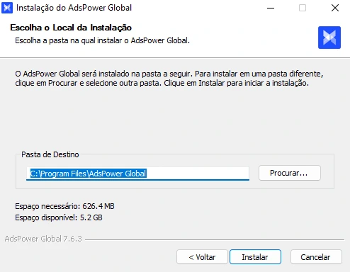 Clique em Instalar para iniciar o processo de instalação