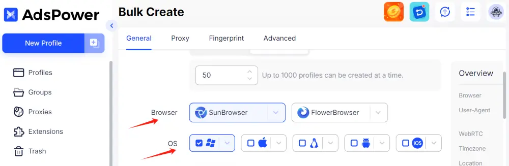 select browser and OS