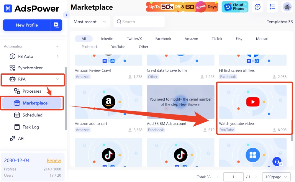 RPA functionality. It enables you to automate tasks in a way that mimics real user behavior, reducing the risk of detection by YouTube