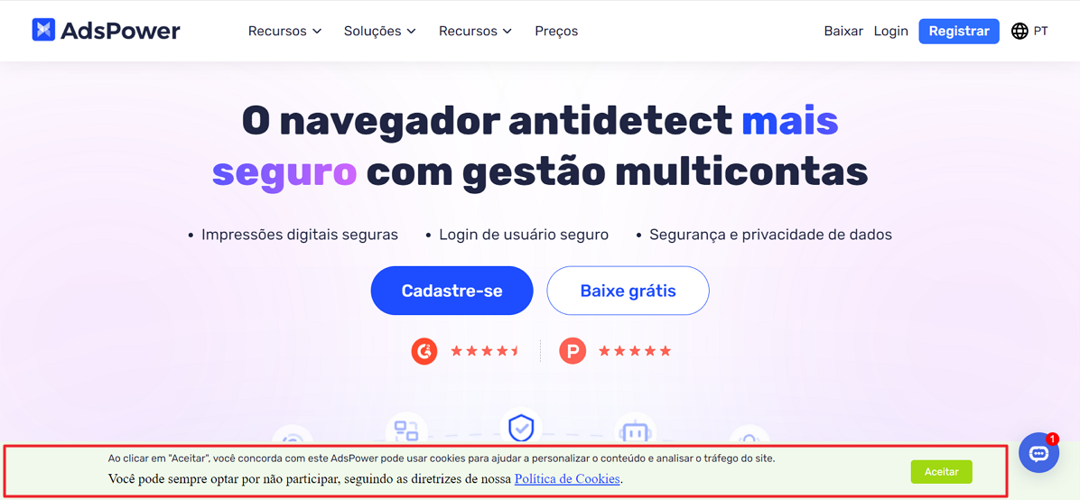 Imagem mostrando solicitação de cookie no AdsPower