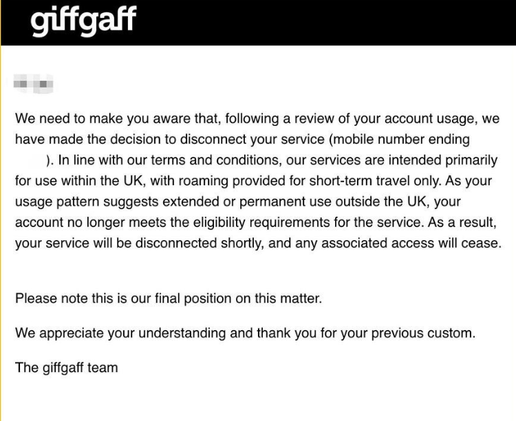 giffgaff封号-通知被停用的官方邮件