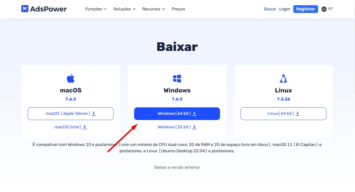 Selecione a ersão para Windows