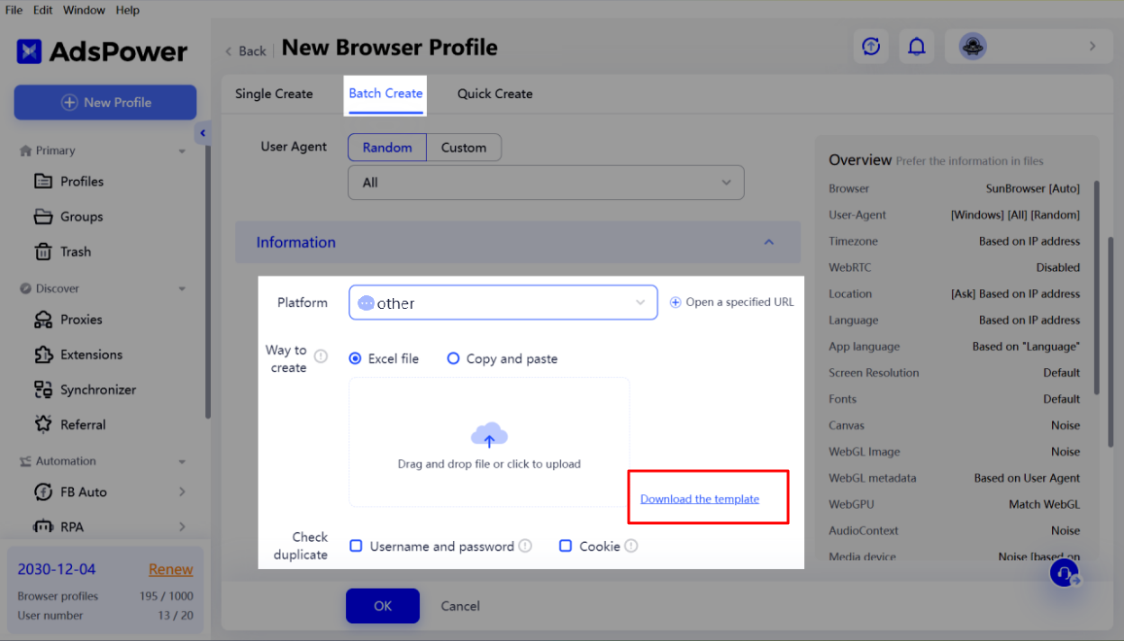 Image showing template download tab in Batch Create