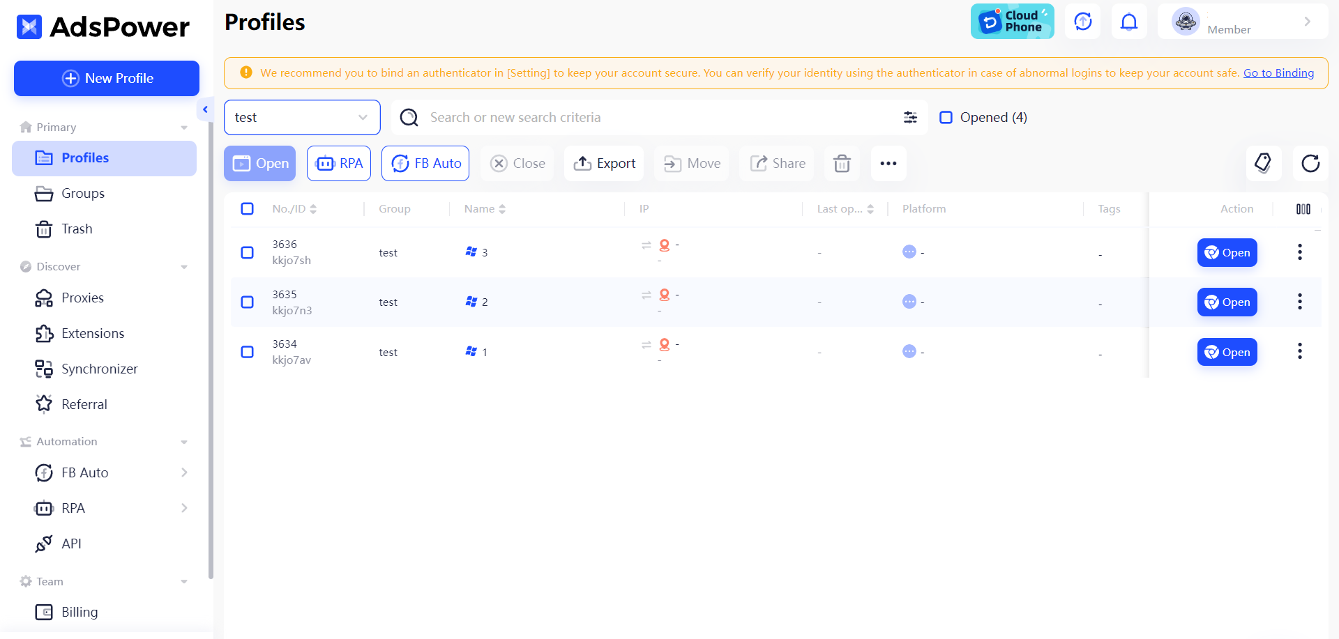 Image showing the Profiles page in AdsPower