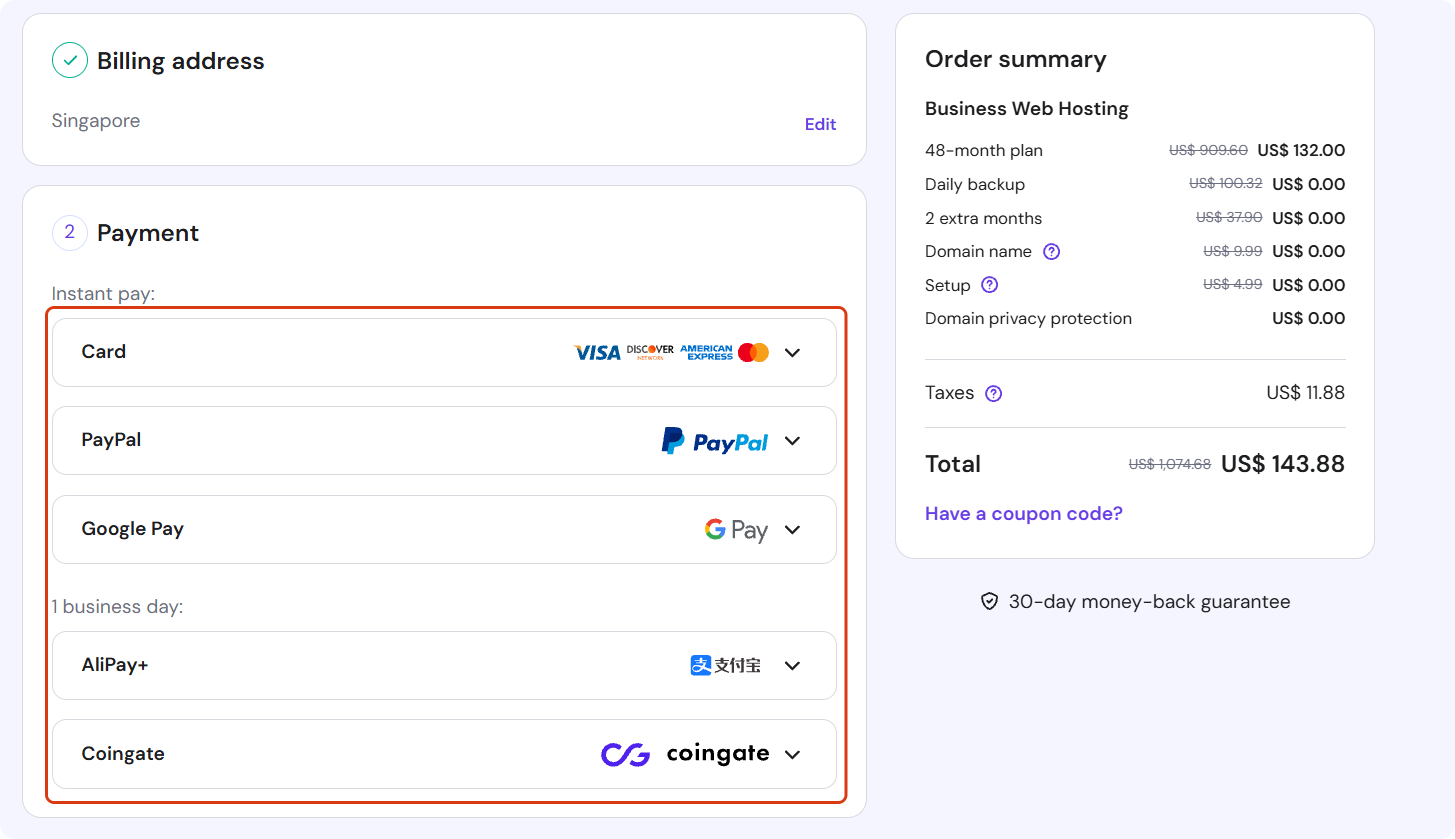 选择支付方式完成Hostinger主机套餐支付