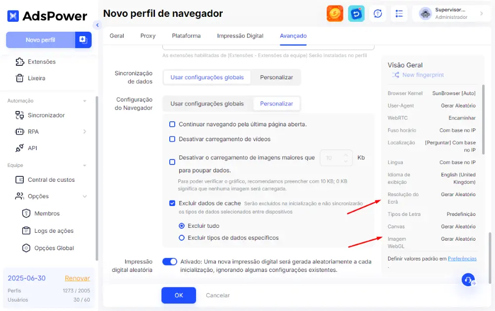Perfil Único com Cache Autoexcluível e Impressão Digital Aleatória