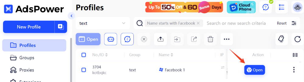 open the newly created profile in AdsPower