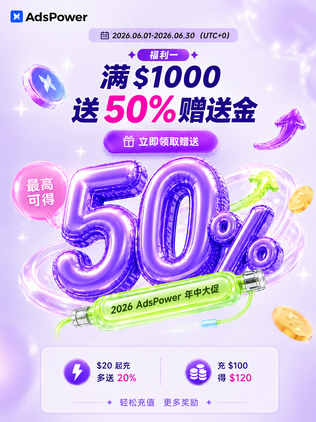 AdsPower 年中大促 | 赠送比例冲到 50%,买套餐还白送代理流量