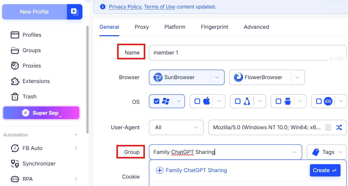 Create New Profile