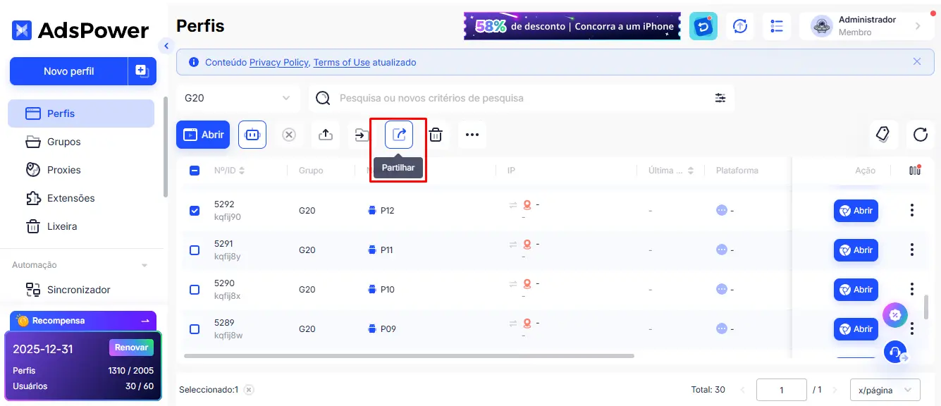 Recurso de compartilhamento do AdsPower