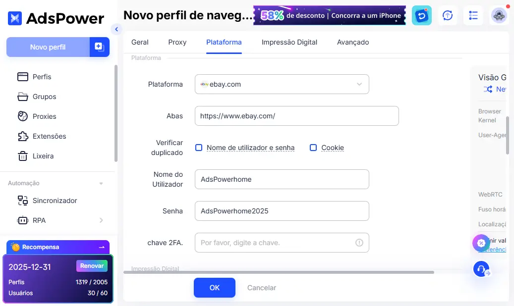 Crie perfis AdsPower para o eBay
