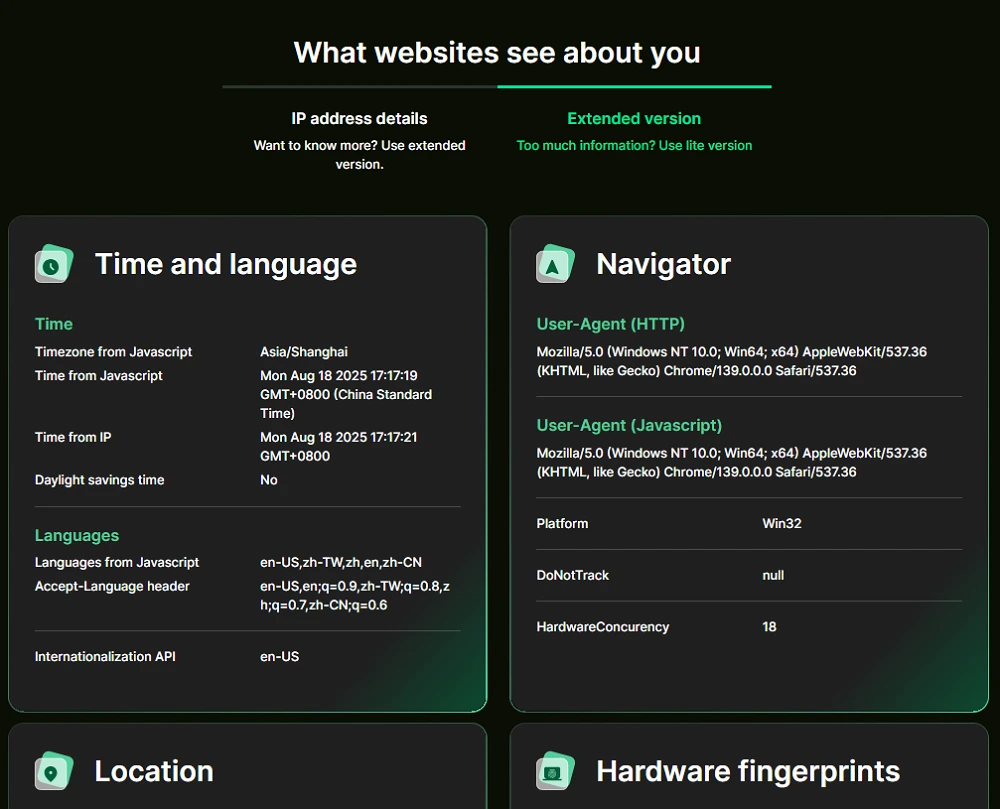 Check IP Address and Extended version.