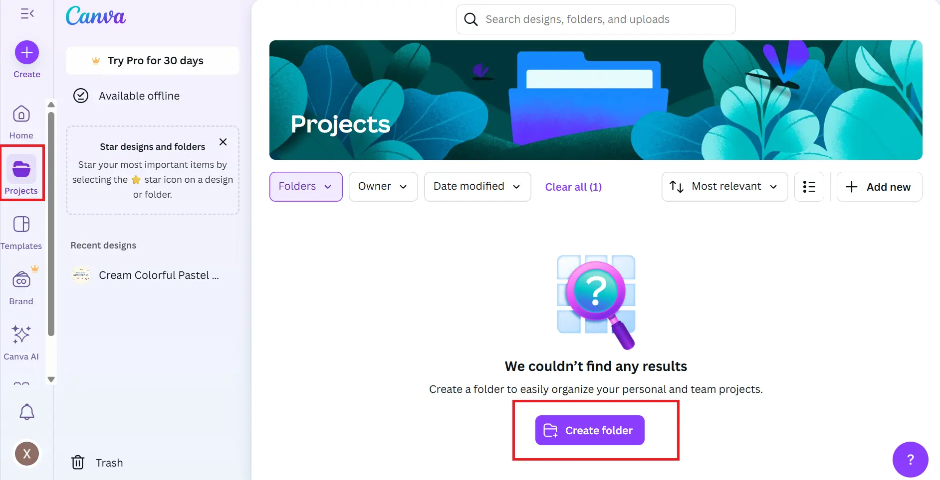 Go to the “Projects” and Choose “Create folder” Section