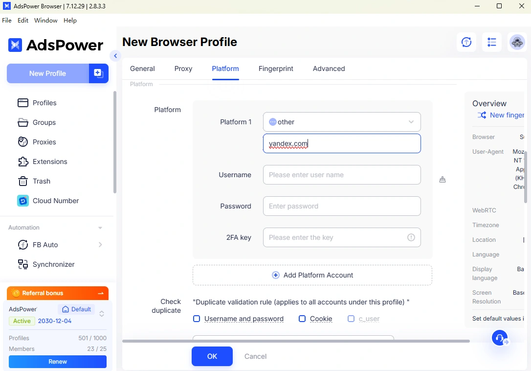 Create Yandex Profile