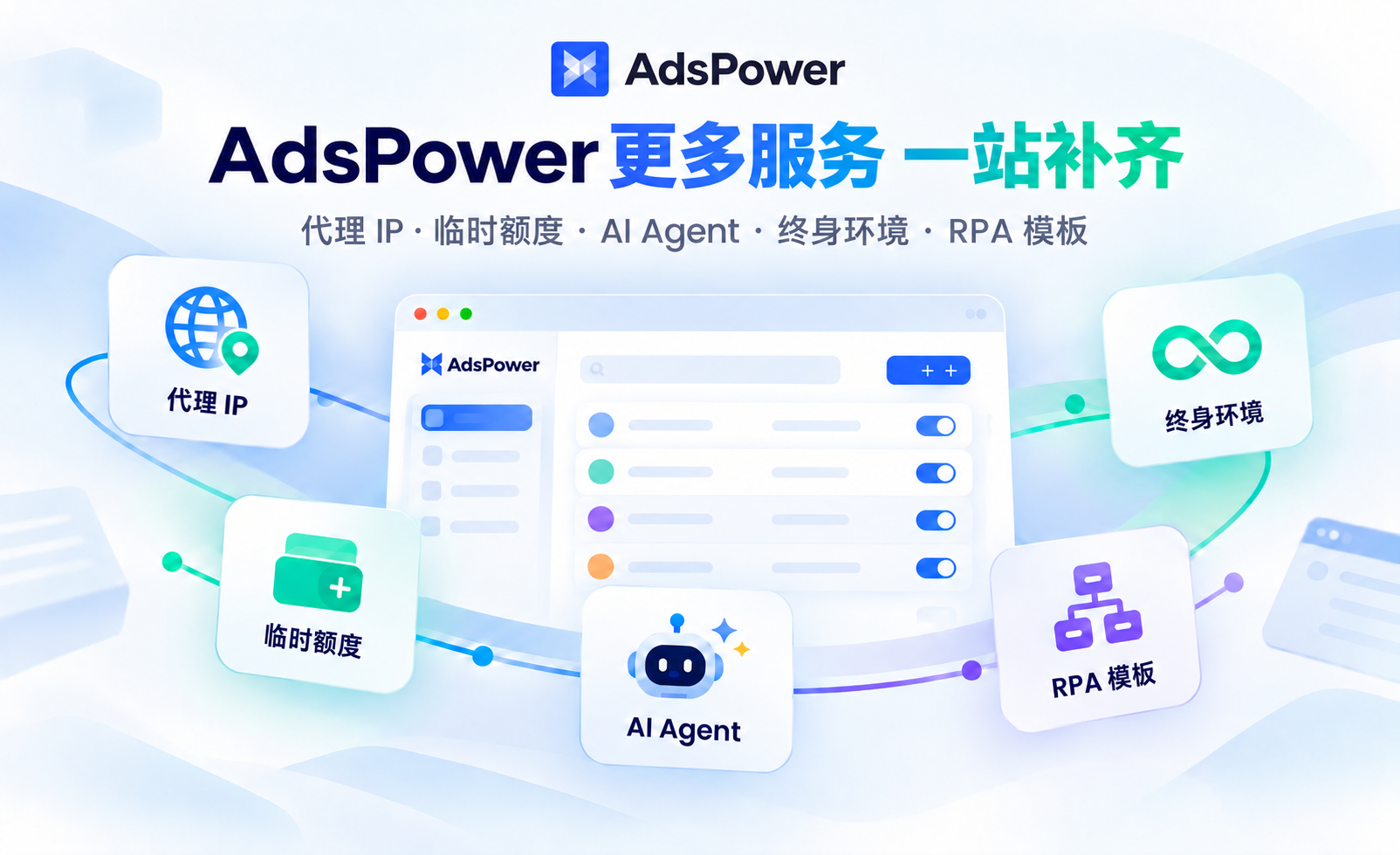 除了订阅套餐，多账号所需的代理 IP、临时额度、AI Agent 等，在 AdsPower 都能一站补齐！