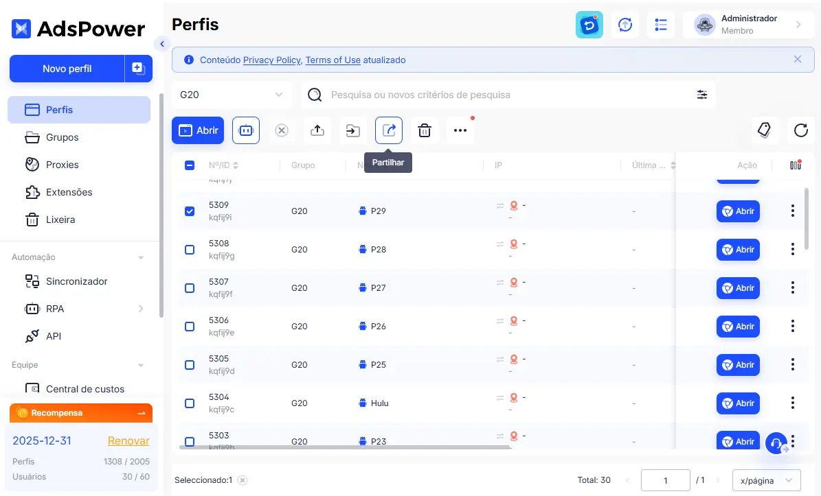 Recurso de Compartilhamento do AdsPower