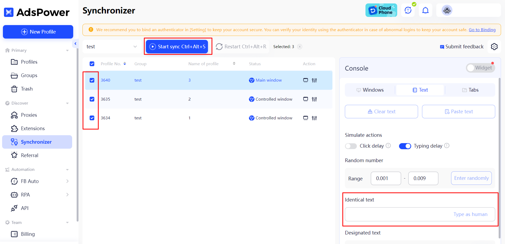 Screenshot of AdsPower's Synchronizer feature