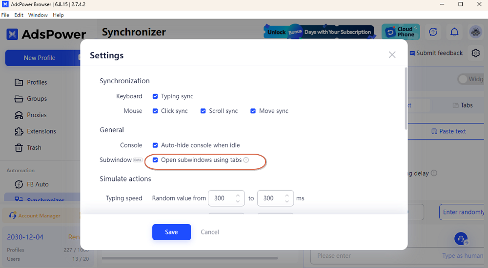 Open subwindows using tabs