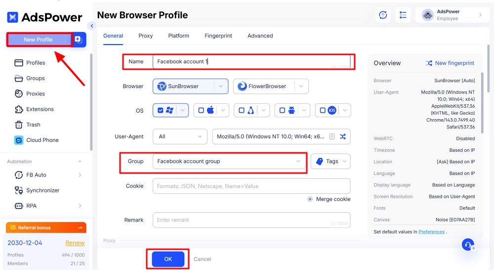 New profile in AdsPower