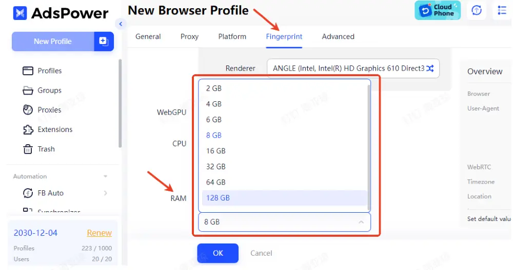 AdsPower now added 16GB, 32GB, 64GB, or 128GB RAM configurations for users