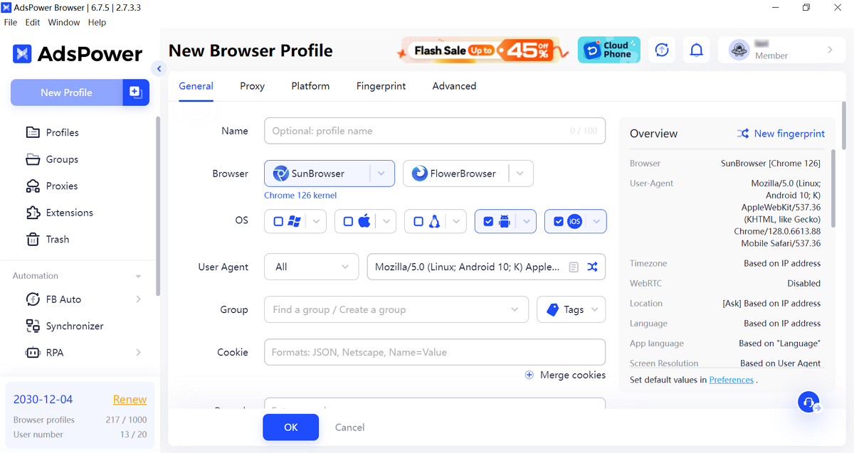 Create New Profile in AdsPower