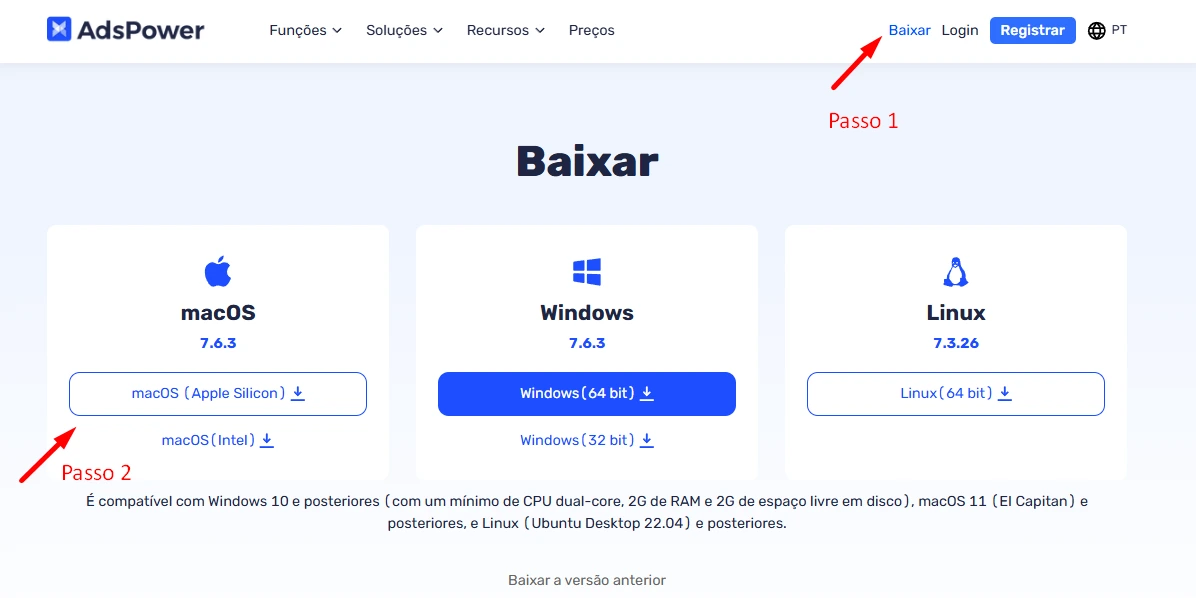 Clique no botão “Baixar” e selecione a versão para macOS