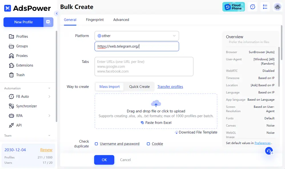 Create telegram web profiles