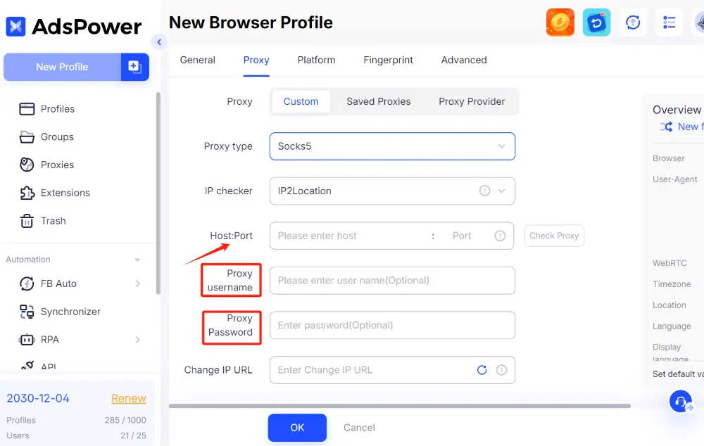 fill in the proxy line