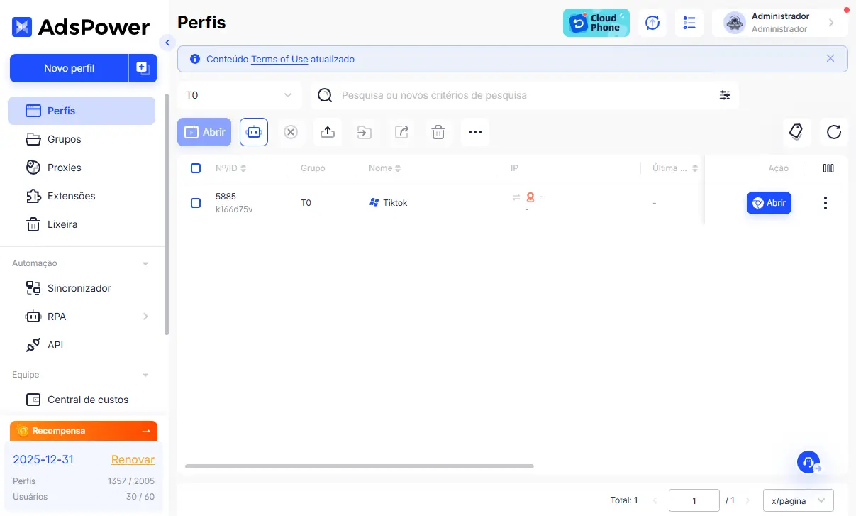 Gerir conta TikTok AdsPower