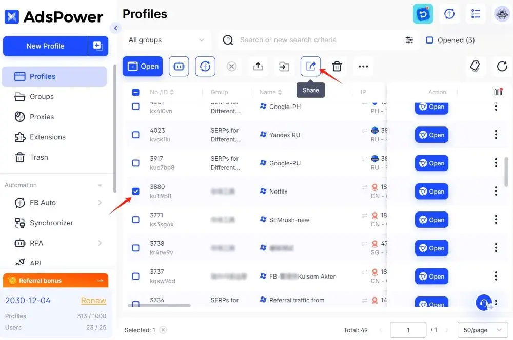 share the profile via AdsPower