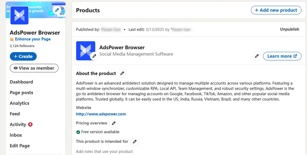 Linkedin company page edit about