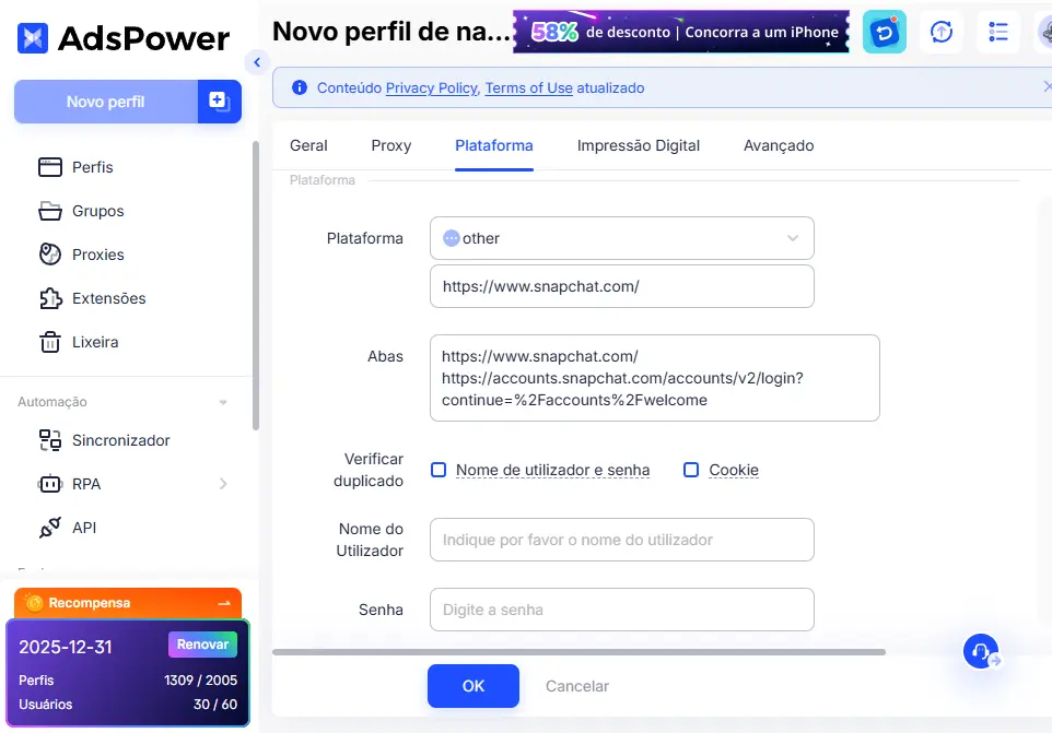 Configurar plataforma de perfil