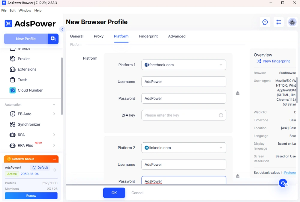Multi-platform accounts in one profile
