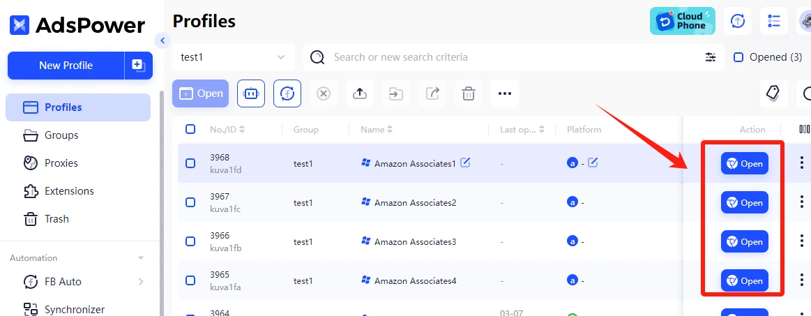 click Open to view your Amazon Associates accounts in AdsPower