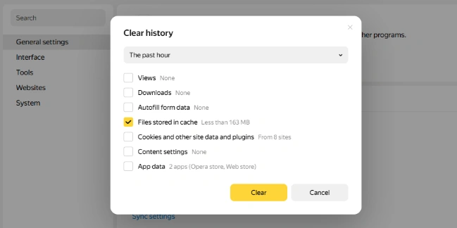 Clear history in Yandex