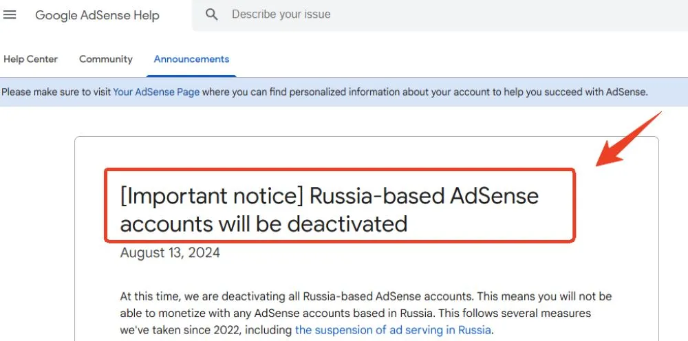 Russia-based AdSense accounts will be deactivated